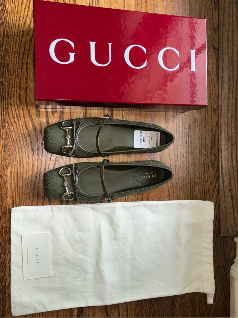 Authentic Gucci Horsebit Mary Jane Ballet Flat GG Logo Print Dark Green 8US 38EU - Picture 6 of 12